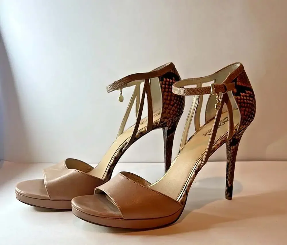 Michael Kors Platform Ankle Strap Sandals Snake Print Heels - Size 10